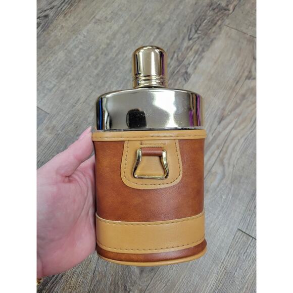 New Vintage Glass Flask With Two Tone Brown Faux Leather Case - Picture 1 of 8